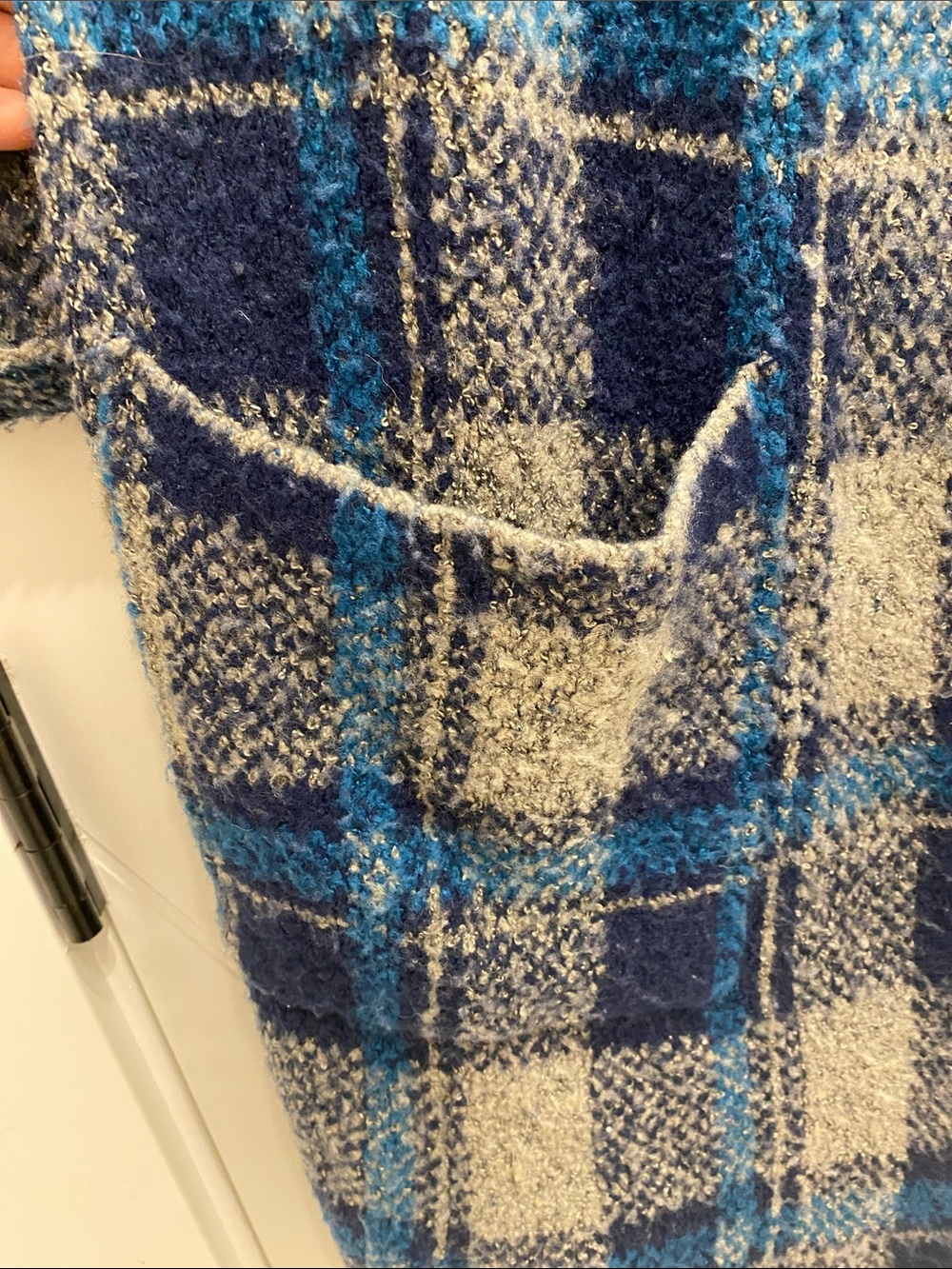 Lily Morgan L Blue Gray Plaid Open Front Coatigan | Oversized Chunky Knit - Picture 7 of 11